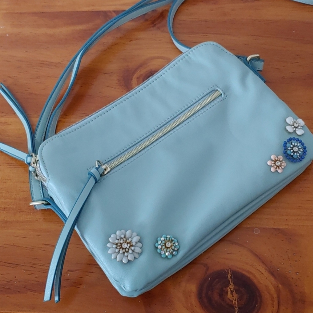 Vintage Floral Beaded Turquoise Crossbody Purse Multipocket Bag